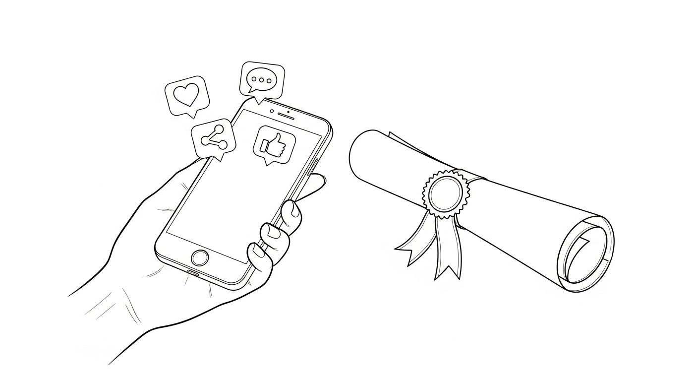 SNS活用検定のイメージイラスト - スマートフォンとSNSアイコン、資格証明書