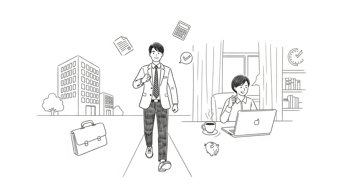 副業からフリーランスに独立する人が分岐点に立っている手描きイラスト