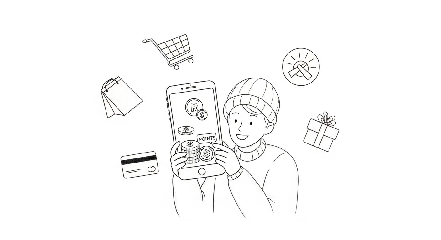 スマホでポイ活する人の手描きイラスト