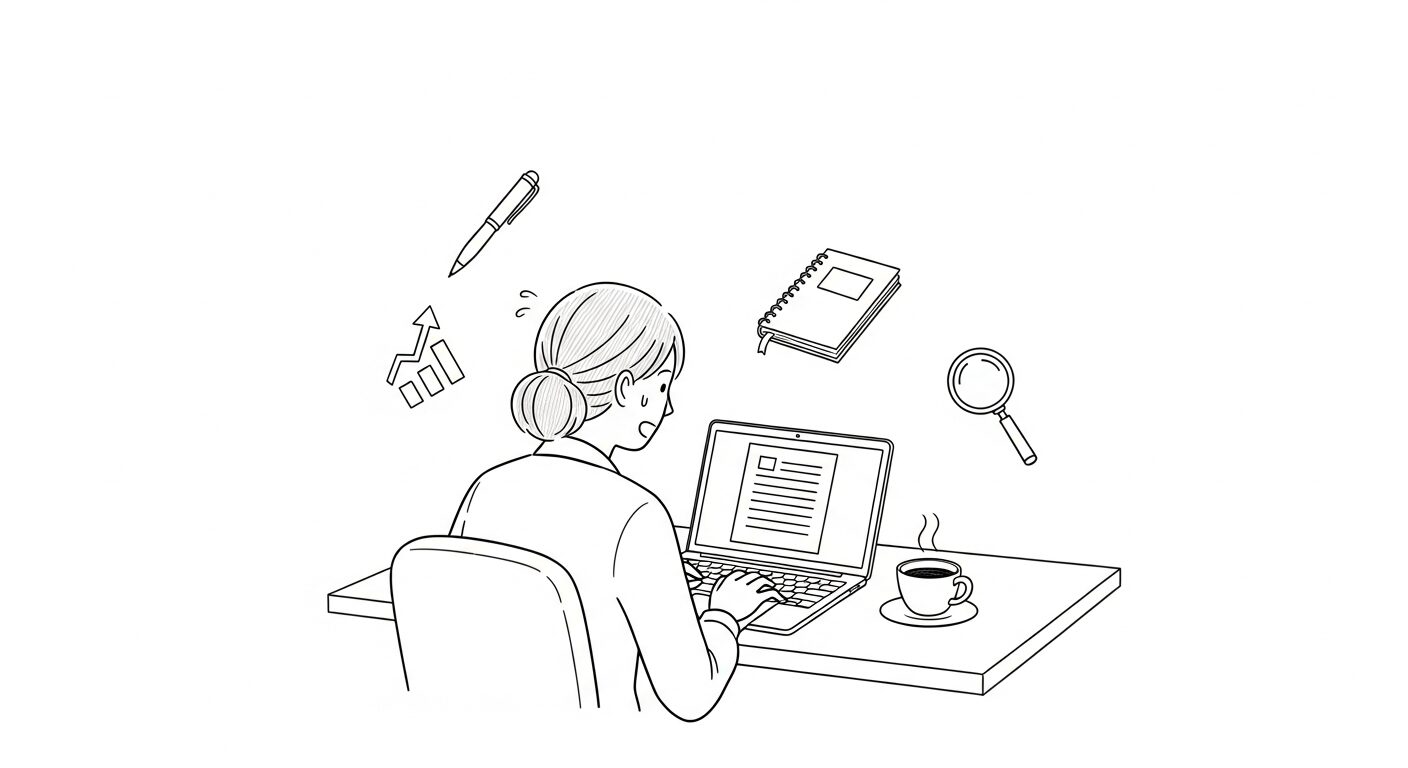 未経験からWebライターを始める人がノートパソコンに向かっている手描きイラスト