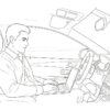 副業サラリーマンが車内でノートPCを使って朝活する手描きイラスト