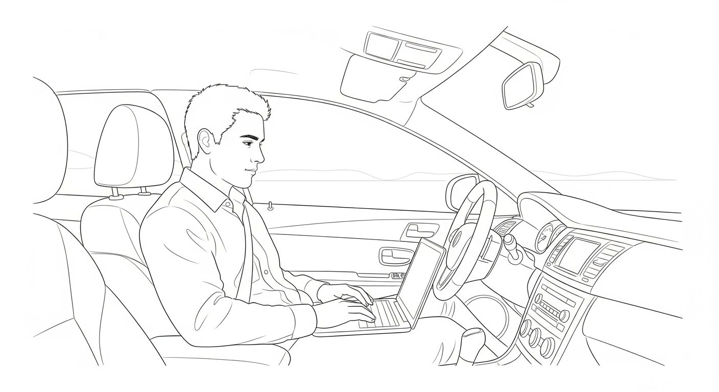 副業サラリーマンが車内でノートPCを使って朝活する手描きイラスト