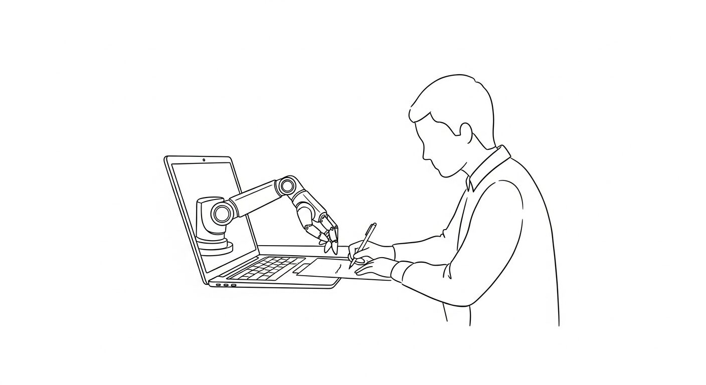 AIが副業作業を手助けする手描きイラスト