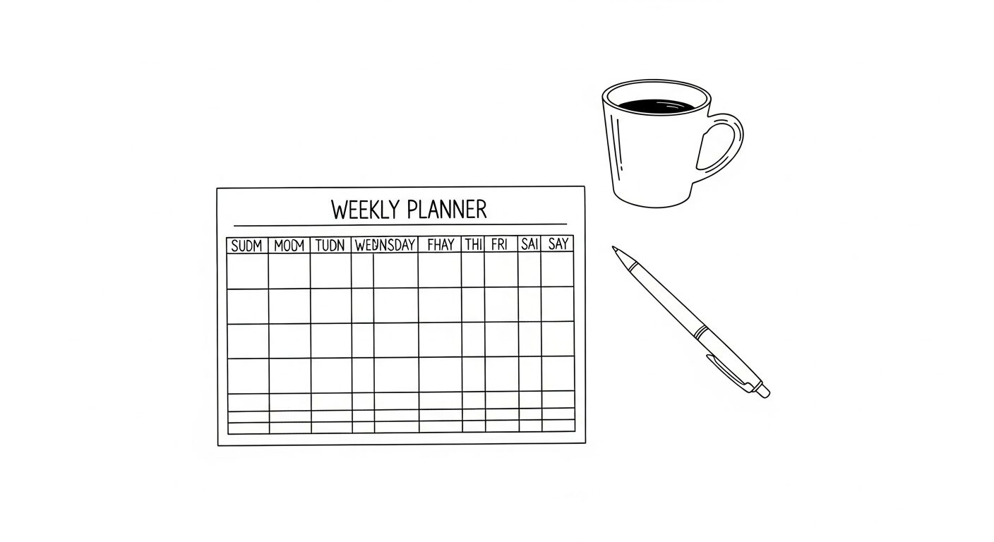週間タイムブロックのスケジュール表とペンの手描きイラスト