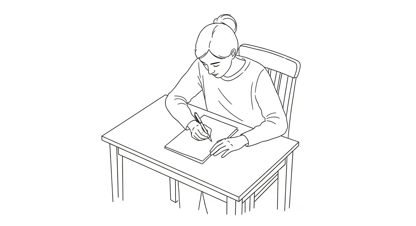 デスクで手紙を書く人の手描きイラスト