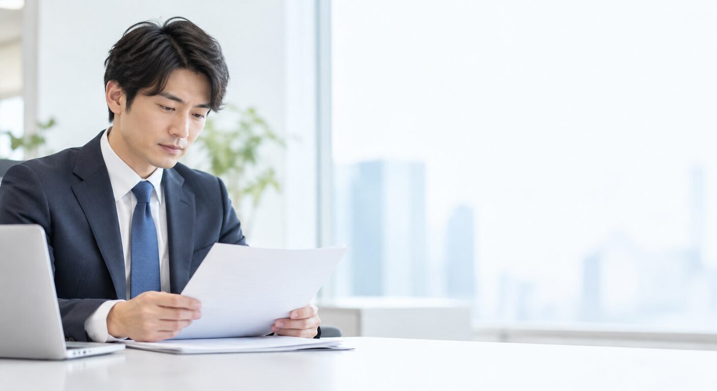 副業サラリーマンが社会保険の書類を確認しているイメージ